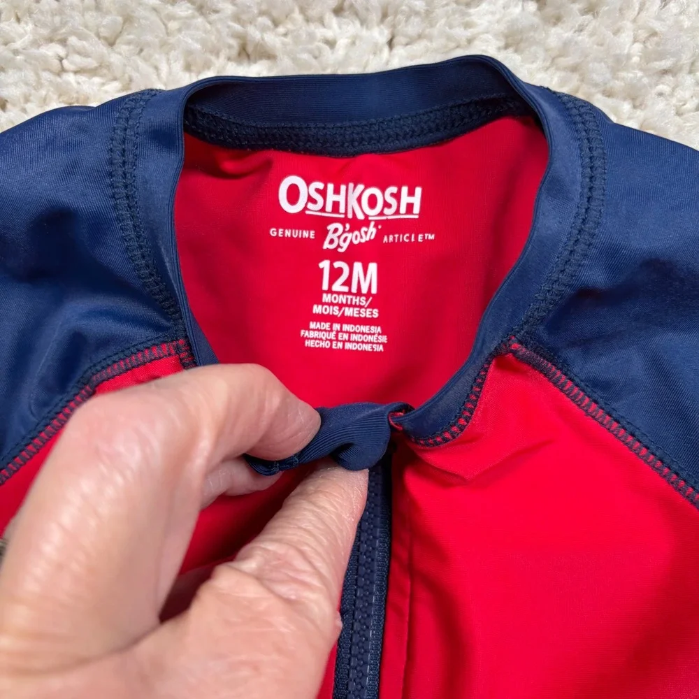 OshKosh B'gosh Boys Rash‎ Guard Swim Shirt Red Navy Shark 12M
